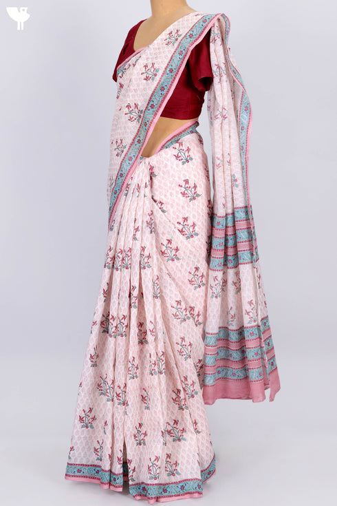 Kota Doria Saree In Floral Block Print